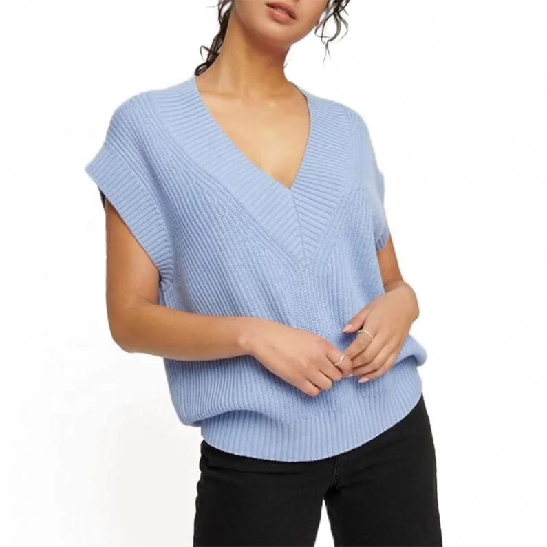 Wholesale 2023 Custom Logo Knit Oversized  Women Sweater Deep V Neck Sleeveless Plus Size Rib Vest 100% Cotton Knitwear Ladies