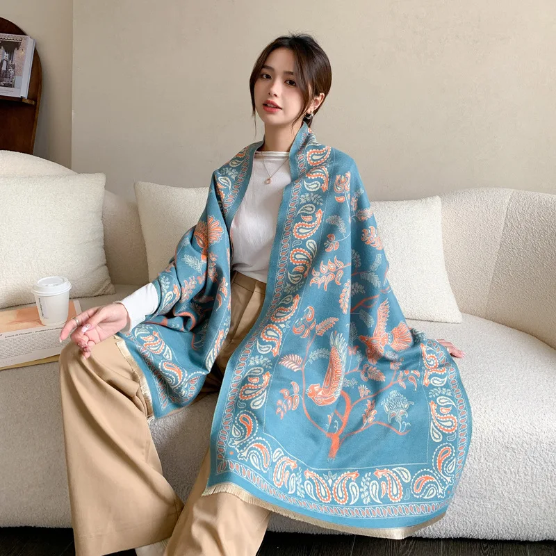 Zandy OEM&ODM winter shawl ethnic style imitation cashmere scarf for women Blue Bird Cashew Nut Warm Scarf