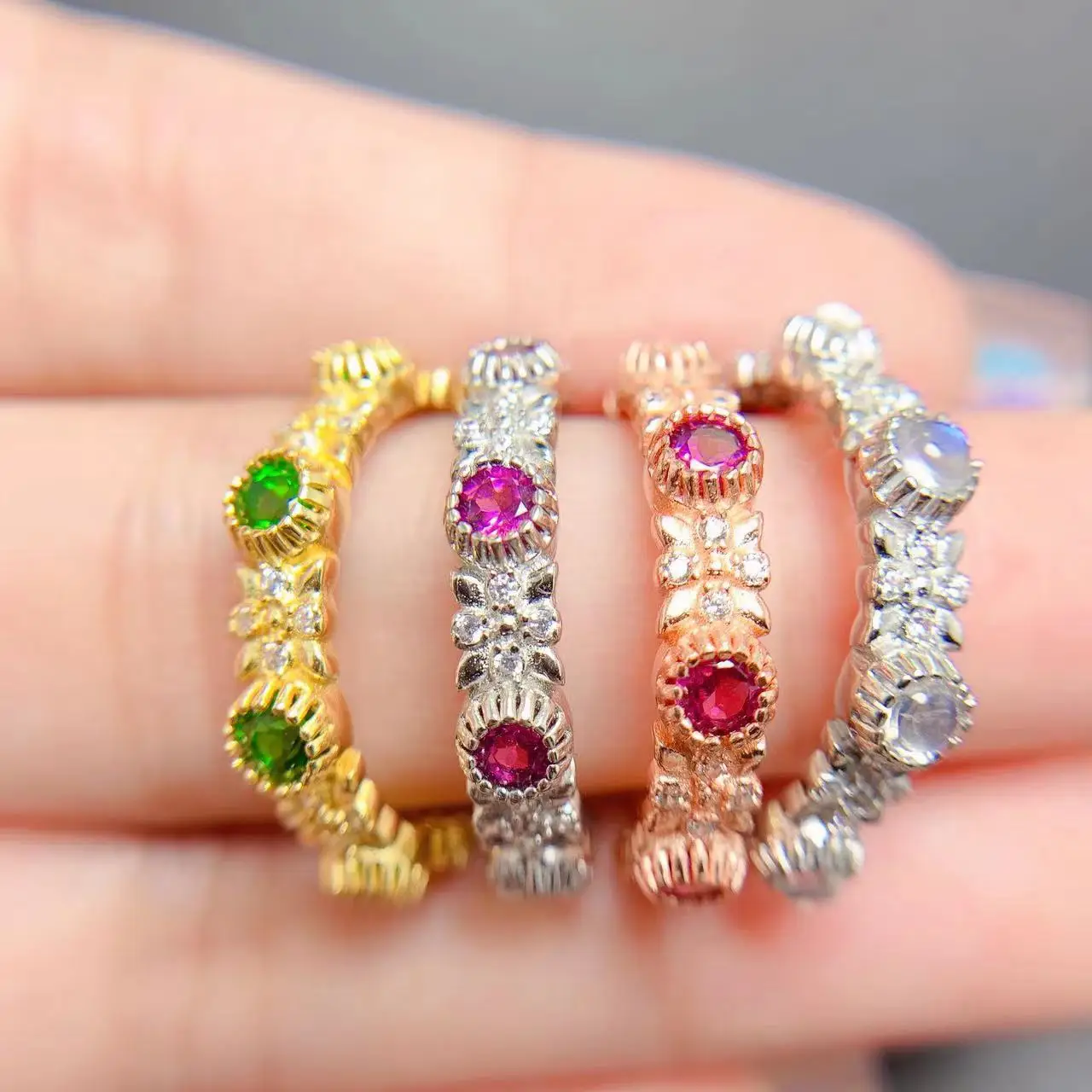 Multi Natural Stone Magnesia Aluminite Garnet 18 K Silver Gold Plated Jewelry Ring For Women