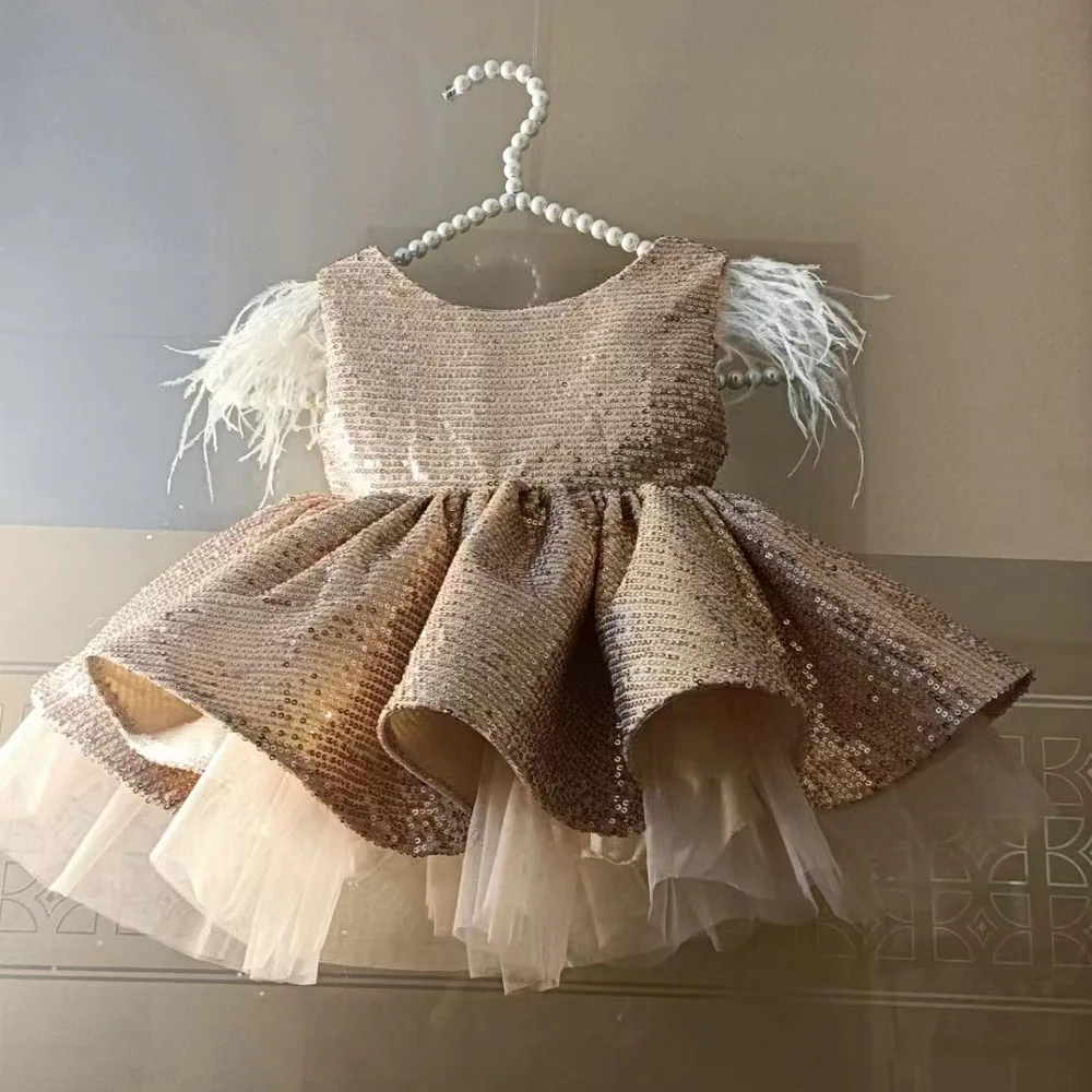 Оригинальные размеры бутик пайетки перо рукав Бальное Платье милое 1 год малыша день Рождения Вечеринка девочка принцесса