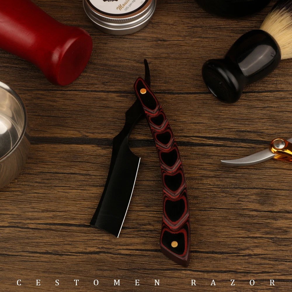 Professional Barber Manual Folding Straight Edge Black Safety Stainless Steel Salon Cut Throat Shaving Eyebrow Razor Wood Handle