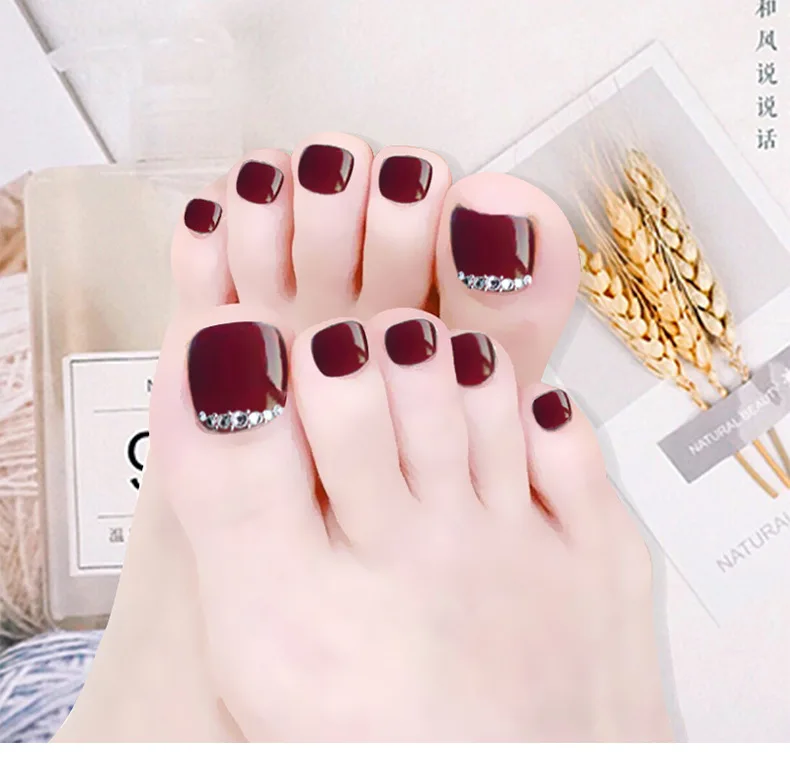 
Explosive Stall Summer Toe Nail Sticker Wearing Manicure False Nail Finished Deep Burgundy Toenail Sheet with Diamonds 