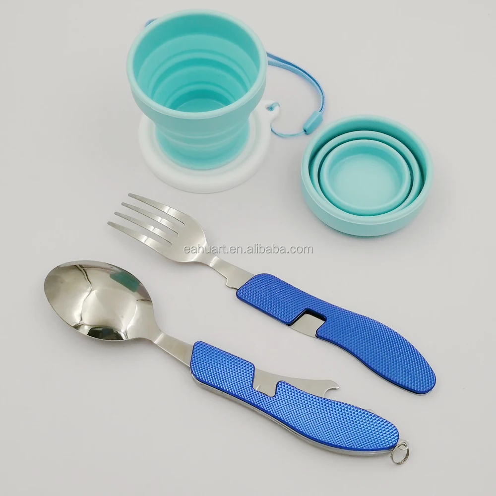 Customized Camping Tableware Travel Stainless Steel Cutlery Set with Silicone Folding Cup