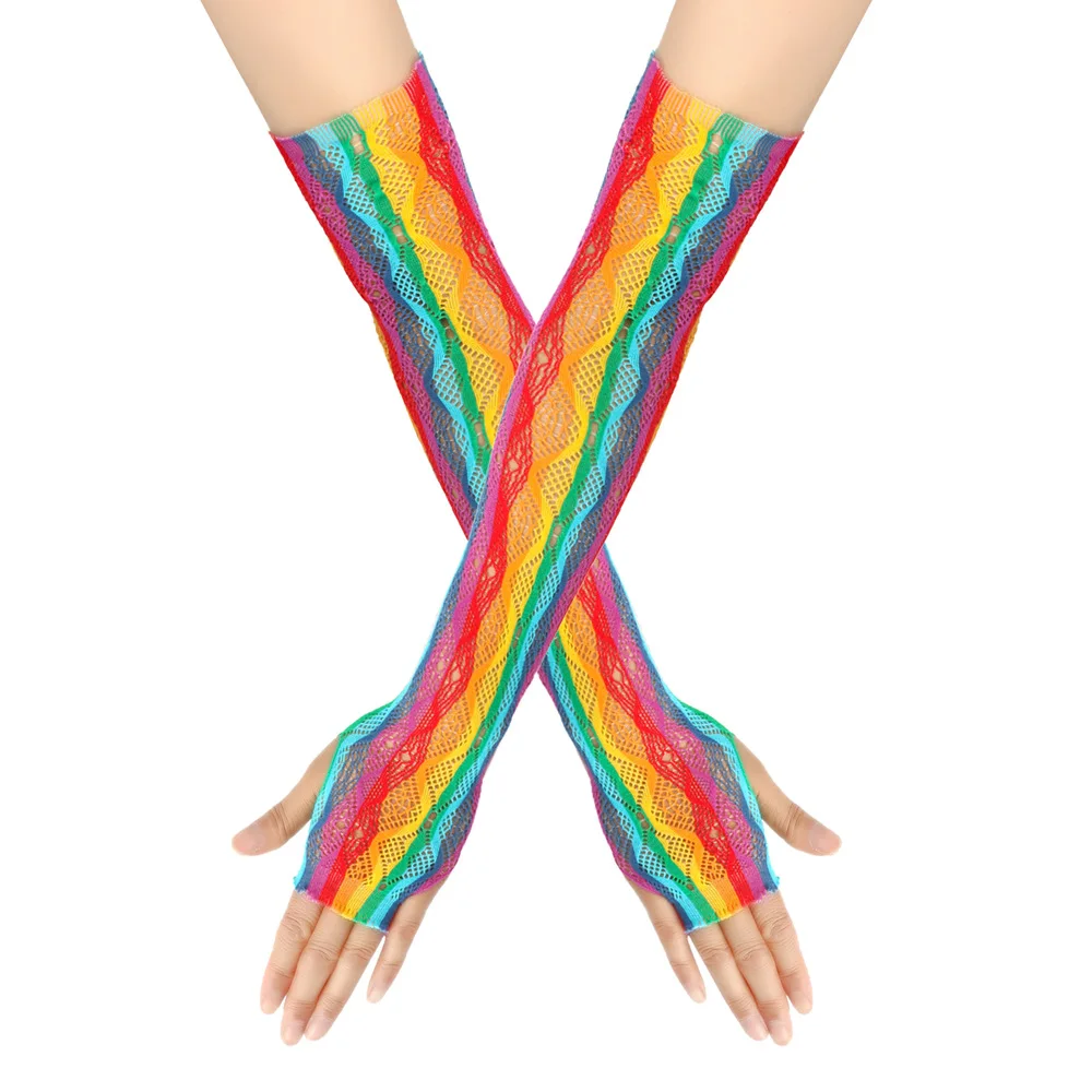 Lady Hollowed Fingerless Gloves Girl Carnival Halloween Party Long Fishnet Rainbow Gloves