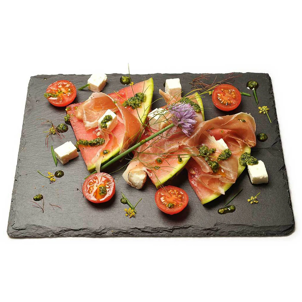 custom wholesale natural silver black rectangle round slate plates for hotel restaurant