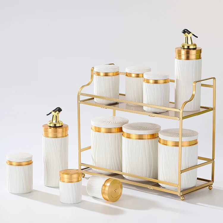 Gold metal rack kitchen food storage tea coffee sugar canisters white ceramic jar coffee canister set with oil vinegar bottles