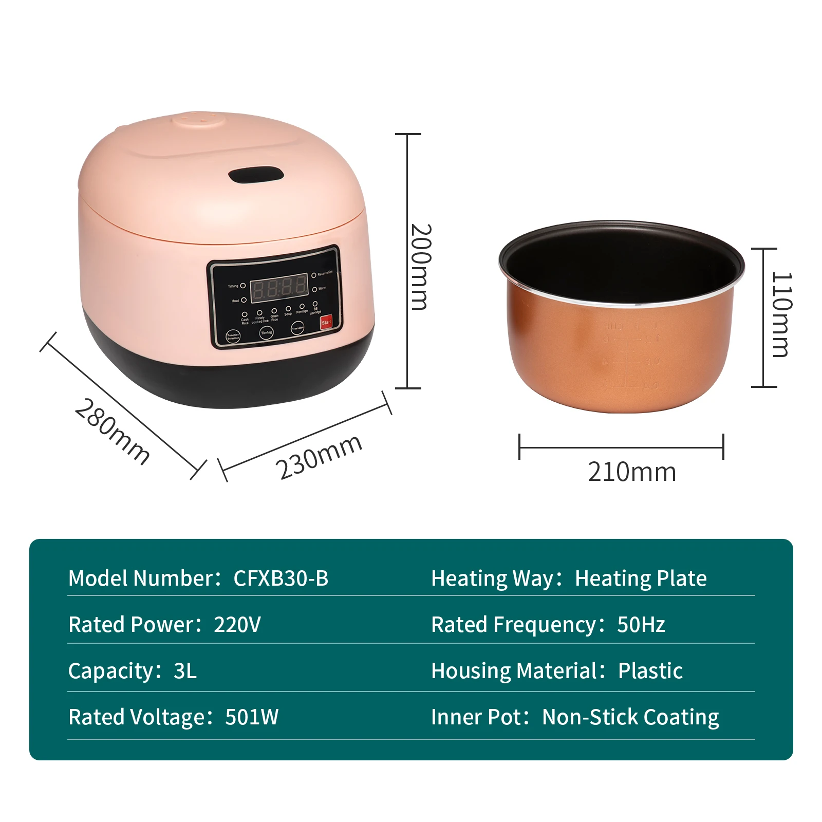 
Portable Fashion Cute Electric Automatic Pink 3L Rice Cooker CE Mini Travel Deluxe Hotel Square Rice Cooker Home Appliance 