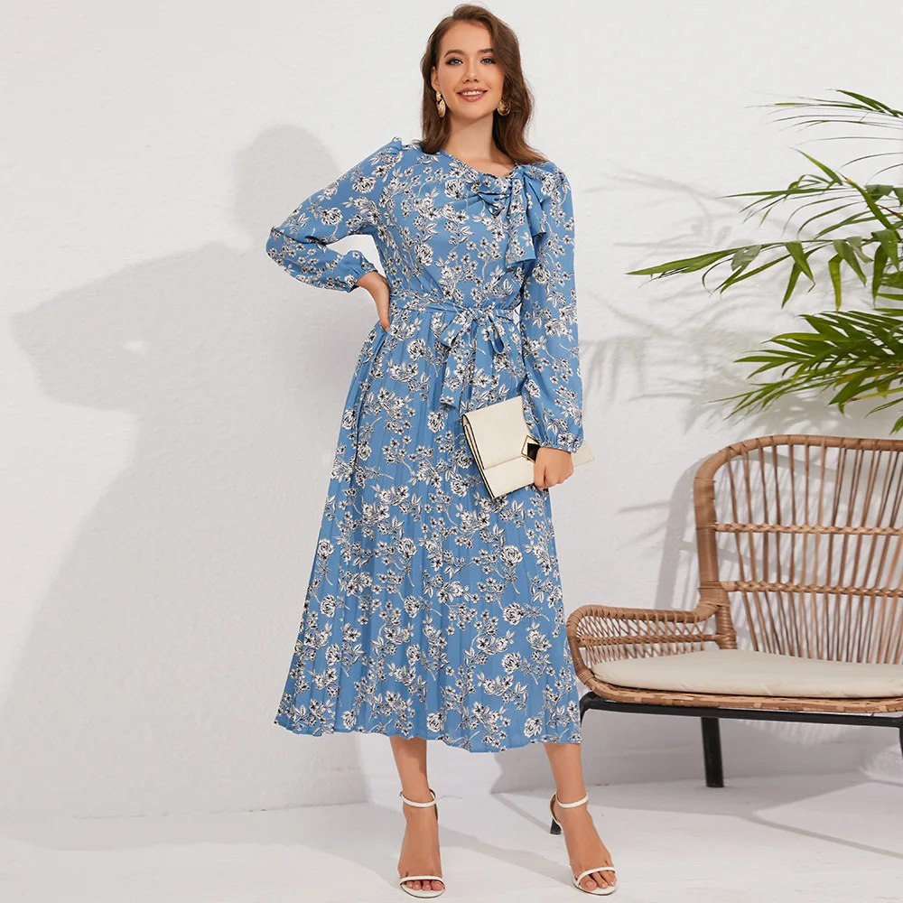 Fashion unique design bow collar women floral printed pleated hemline elegant women midi dress for autumn