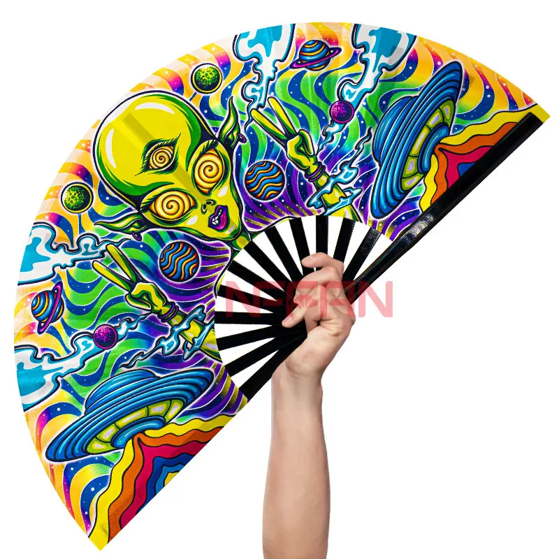2023 Factory Wholesale Custom Logo Printing Large Rave Festivals Clack Bamboo Folding Hand Fan Handheld Fan