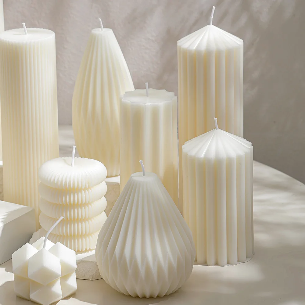 Private Label Bulk Pack White Large Silo Scalloped Ribbed Stripe Pillar Wedding Party Candles
