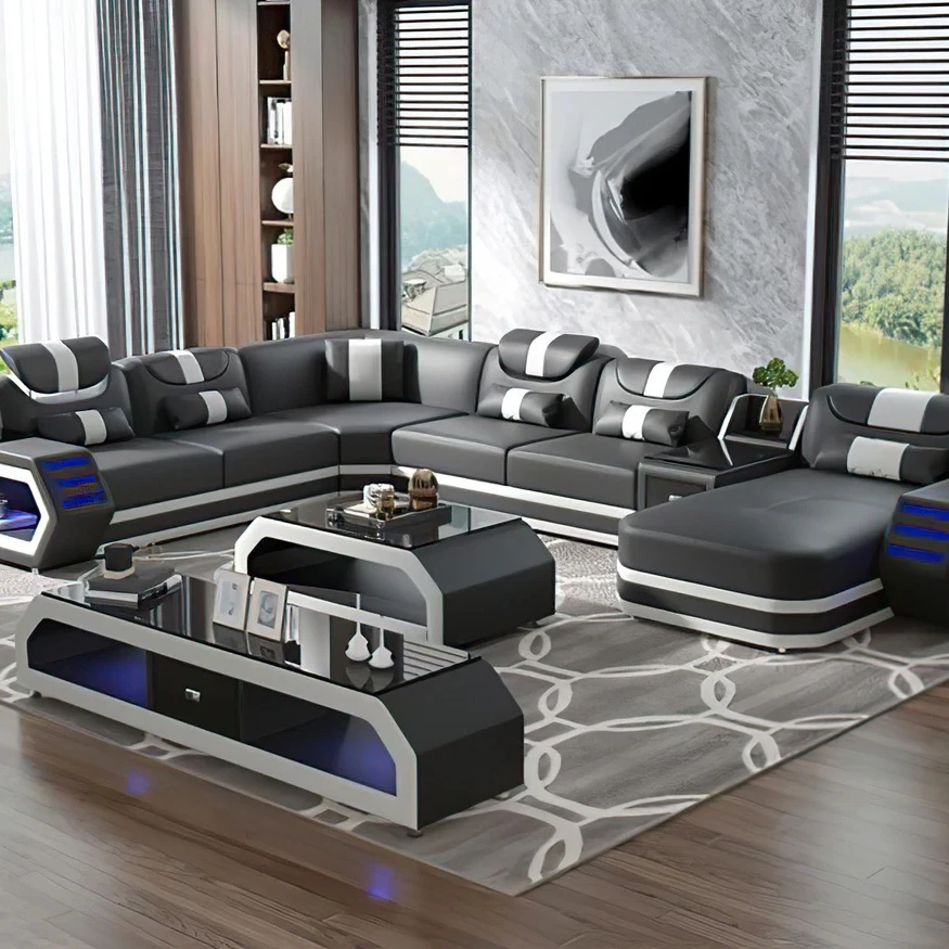Wholesale Sofas Living Room Furniture Black Sofa Sets Luxury Design leather Sofa Set with led light