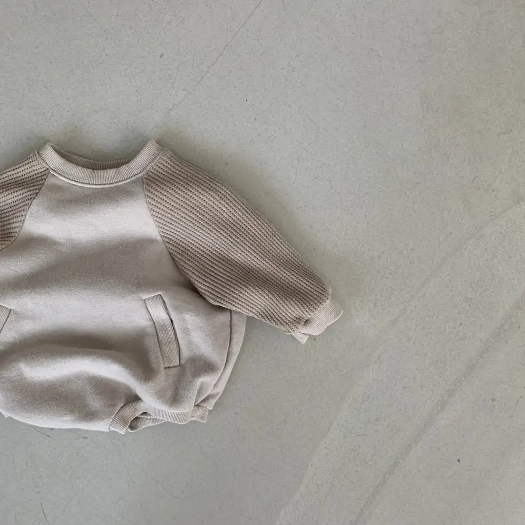 Baby Waffle Sleeve Pocket Romper 3-18m Beige newborn waffle knit baby romper velour preemie baby ruffle romper wholesale