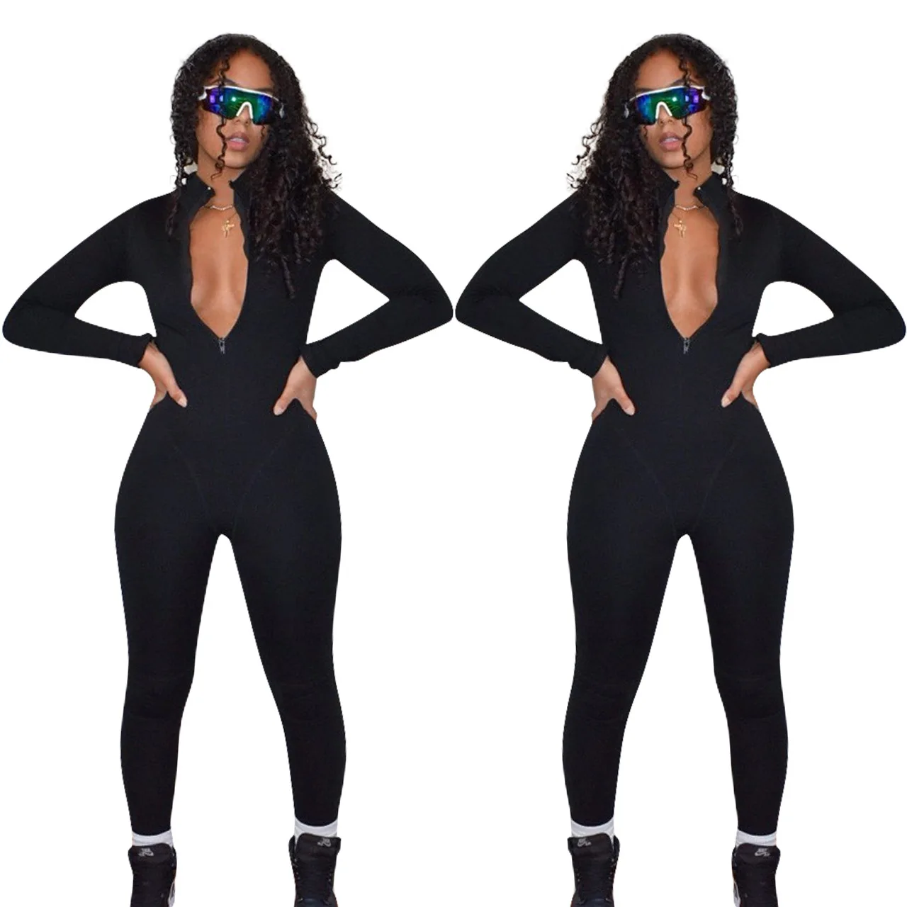 2021 Best Seller Solid Color Casual 4xl Plus Size Long Sleeve One Piece Jumpsuit Fall  V-neck Women Jumpsuit