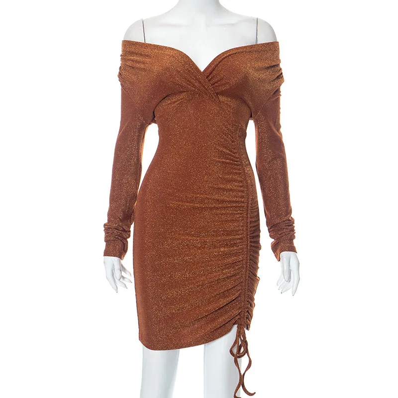 M23Ds4 Fashion Fall 2023 Casual Sequin Velvet Long Sleeved Slim Fit Drawstring Pleated Gold Sprinkling Mini Dress