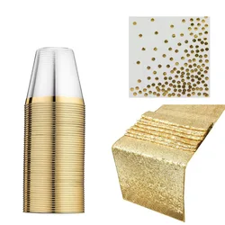 2021 Eco-friendly Home Garden 9oz Disposable Tablecloth Rose Gold Lace Tableware Sets Gold Disposable Plastic Cups