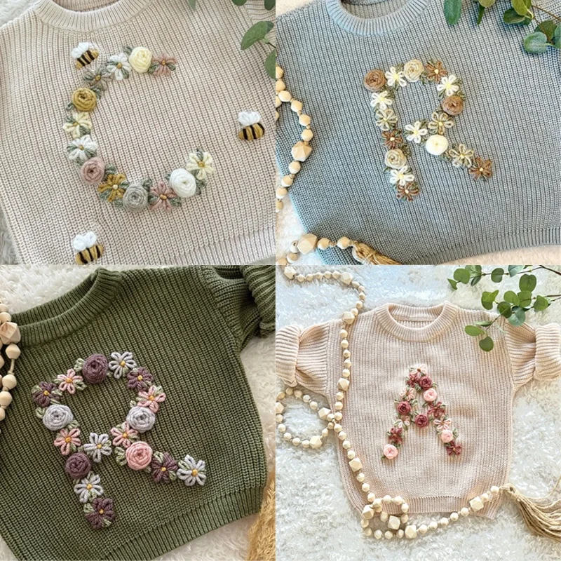 Factory hand embroidered sweaters for Babies and Toddlers custom alphabet knit sweaters for girls and boys