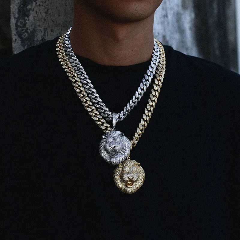 High Quality Two-Color Hip Hop Jewelry Iced Out Cuban Necklace Micro Pave Cubic Zirconia Gold Plated Lion Head Pendant