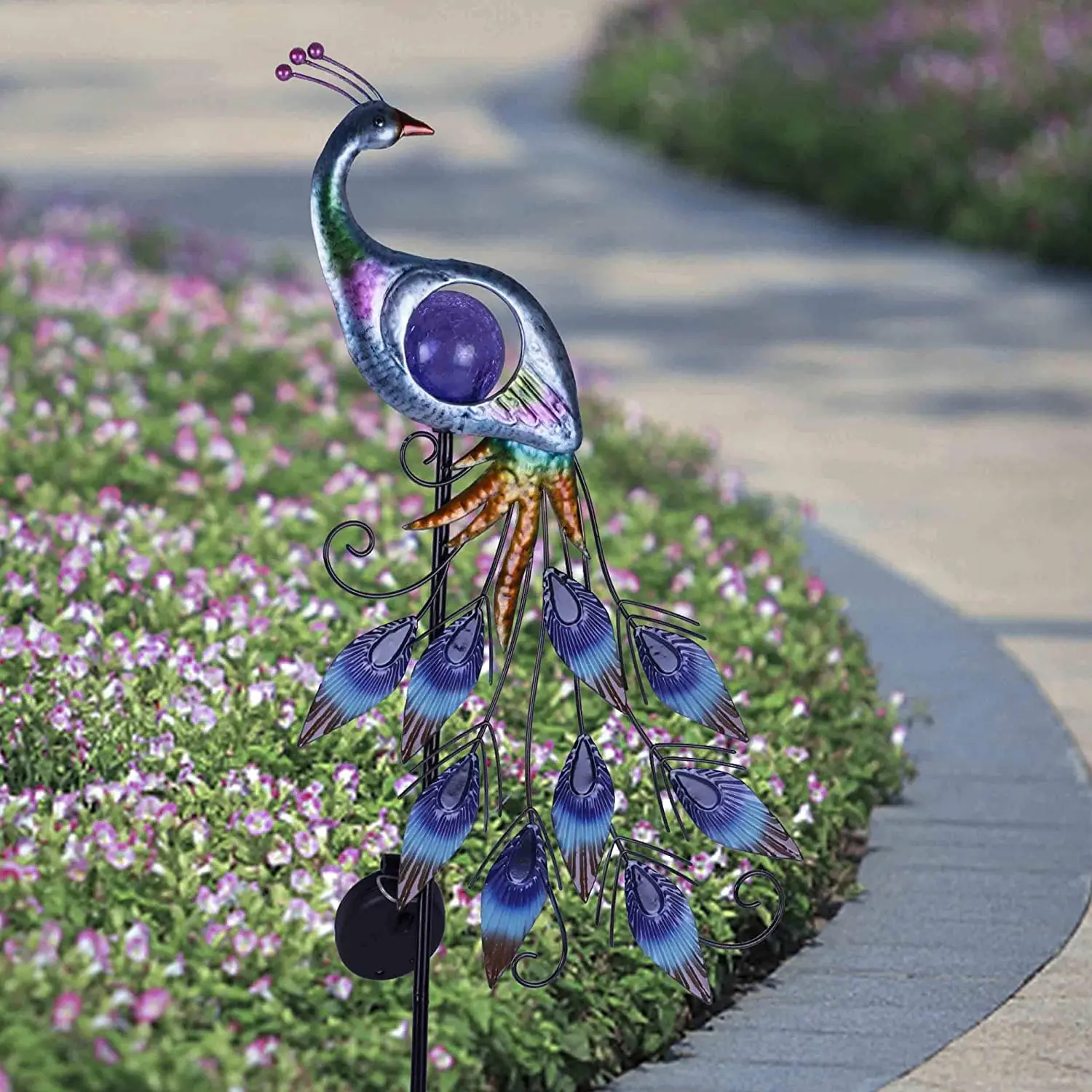 Wholesale Metal Peacock with Cracked Glass Ball Solar Stake Lights Garden Ornaments