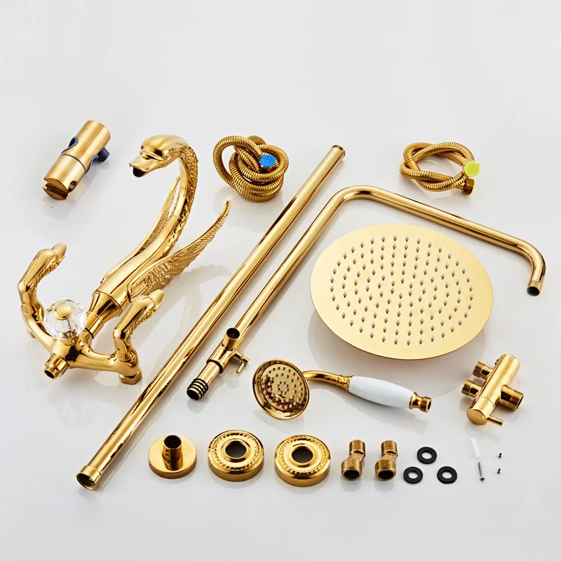 Brass Bathroom Shower Faucet Set Triple Function Golden Swan Shower System