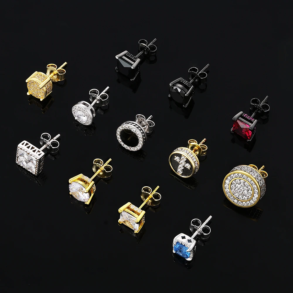 Earrings Wholesale Bulk Round Square Cubic Zirconia 5A CZ Stones 14K Gold Plated Men Women 925 Sterling Silver Stud Earrings