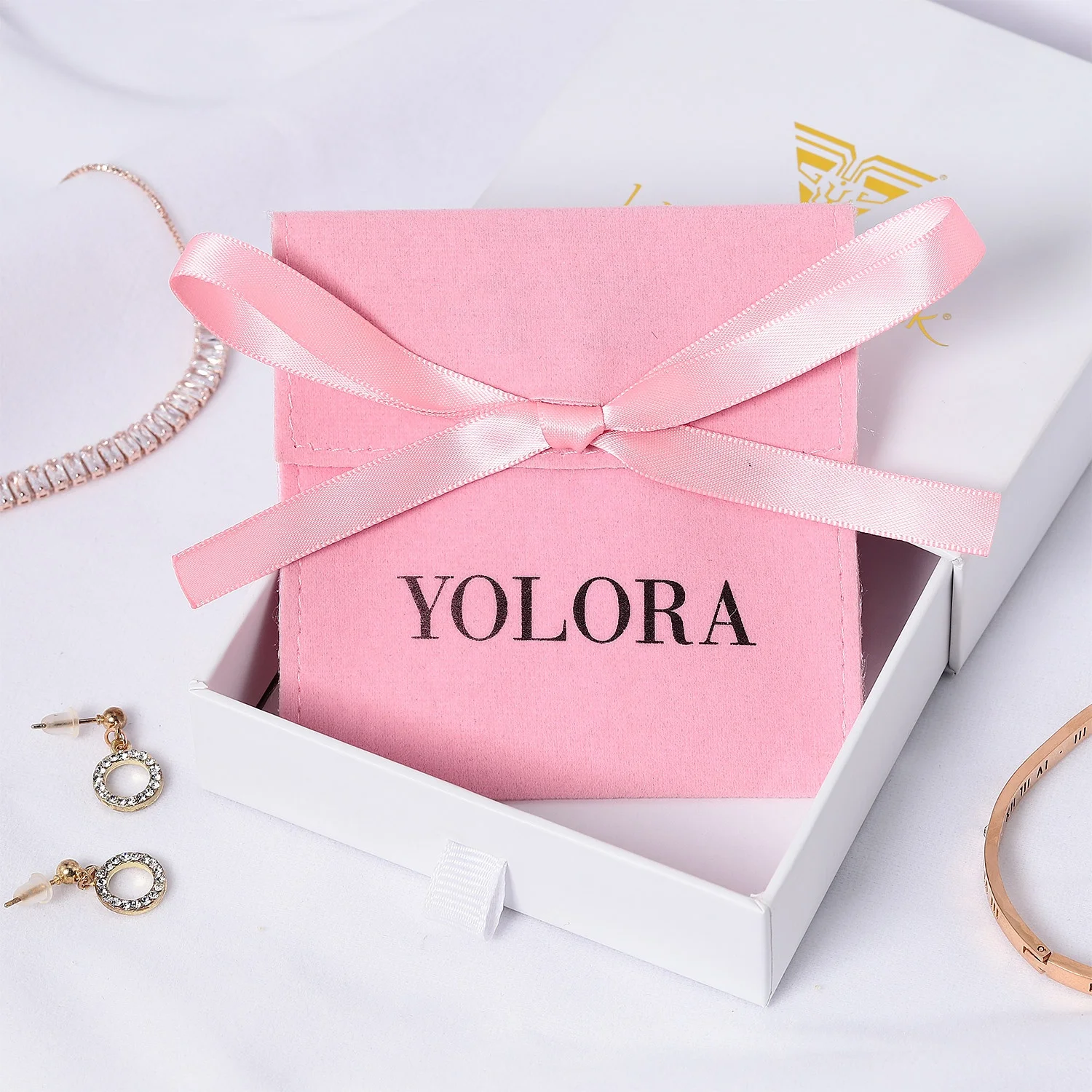 Custom logo satin lined necklace pouch pink envelope flap jewelry packaging velvet bag with bow-knot