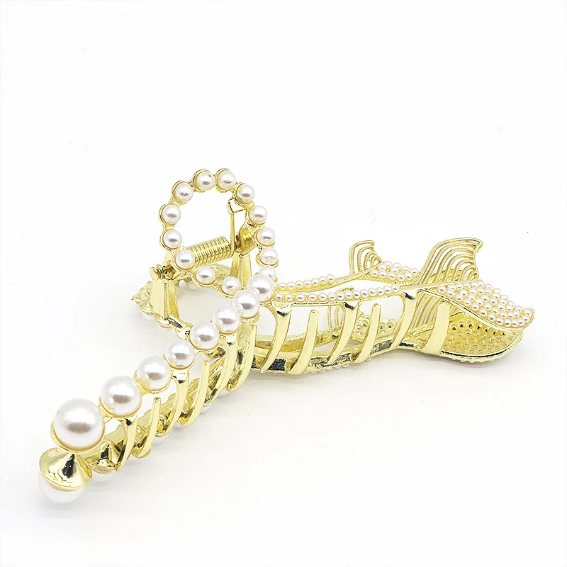 Ponytail Diamond Metal Alloy Rhinestone Pearl Fish Gold Metal Hair Claw Clips With Rhinestone