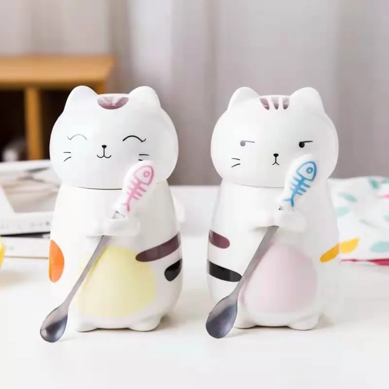 cartoon cute 3D cat shape ceramic mug with lid spoon for coffee/tea/milk/juice/gift  creative cup