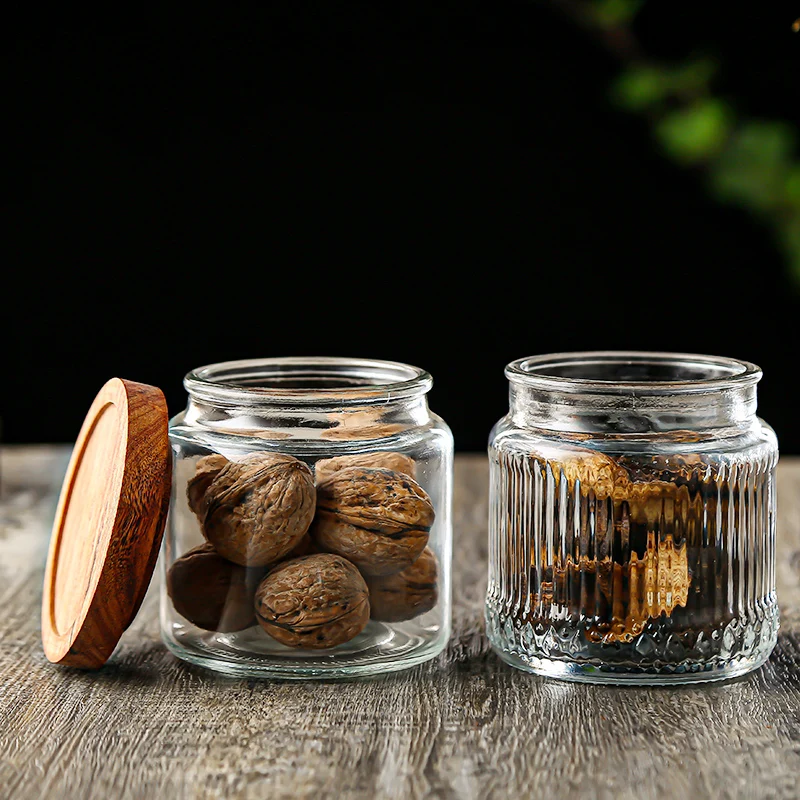 With Acacia Glass Storage Jar Wooden Lid Canister Airtight Spice Jar Vertical Stripe Wholesale BPA Free 500ML 700ML Camping Food