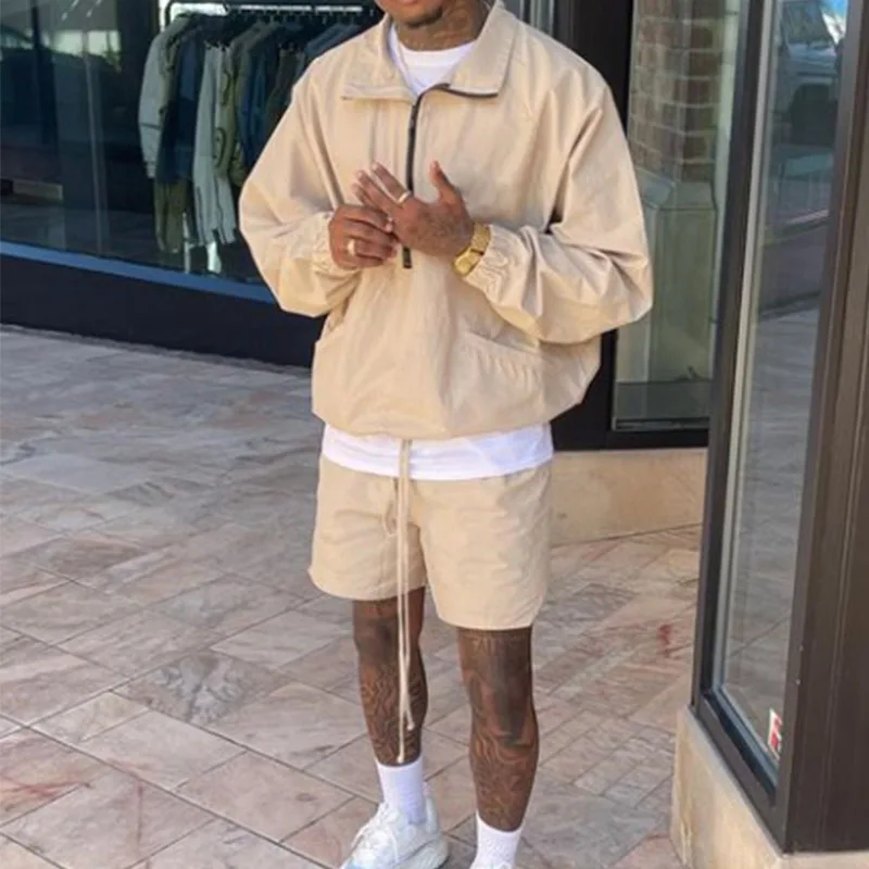 Men Camo Color Windbreaker Shorts Set Blank Two Piece Windbreaker Short Jacket Sets  Patchwork Zipper Nylon Polyester Streetwear