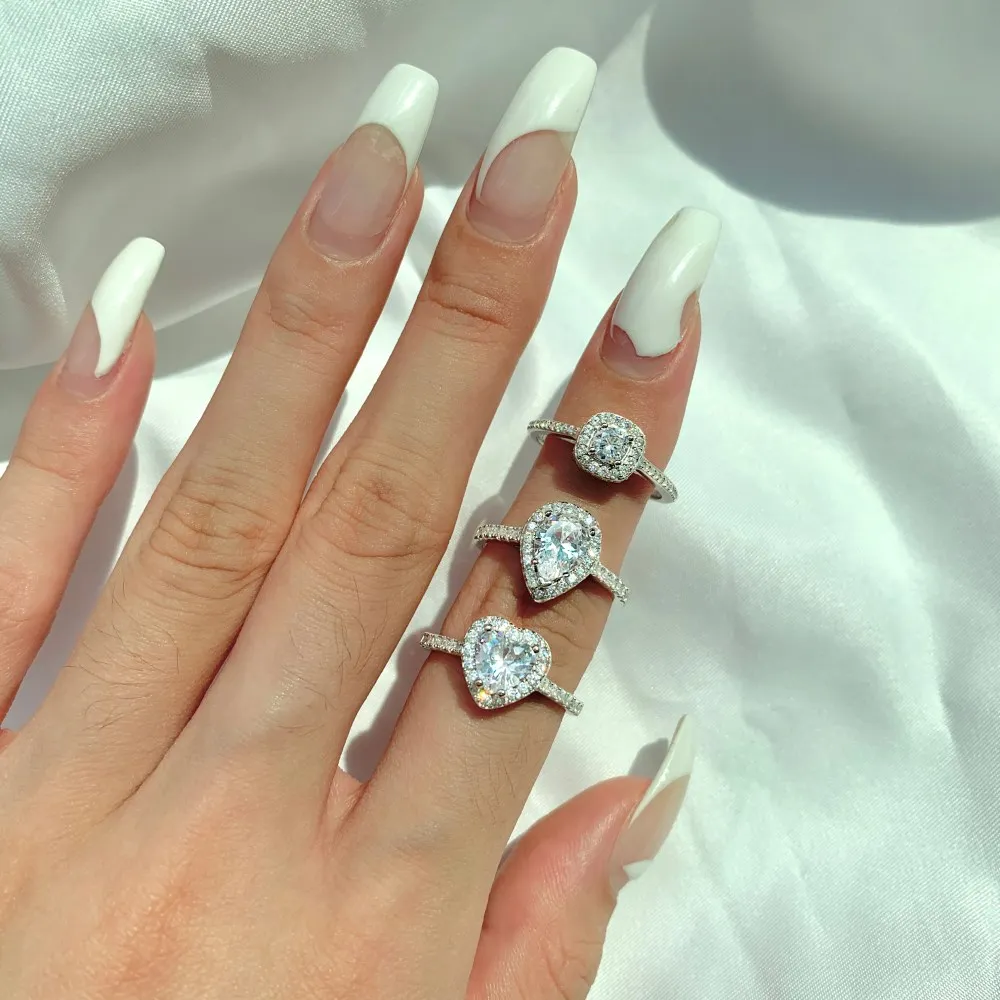 Dylam 925 Sterling Silver Simulated Pear-Shaped Halo Engagement Ring with Main Side Big Stones Promise Bridal Ring