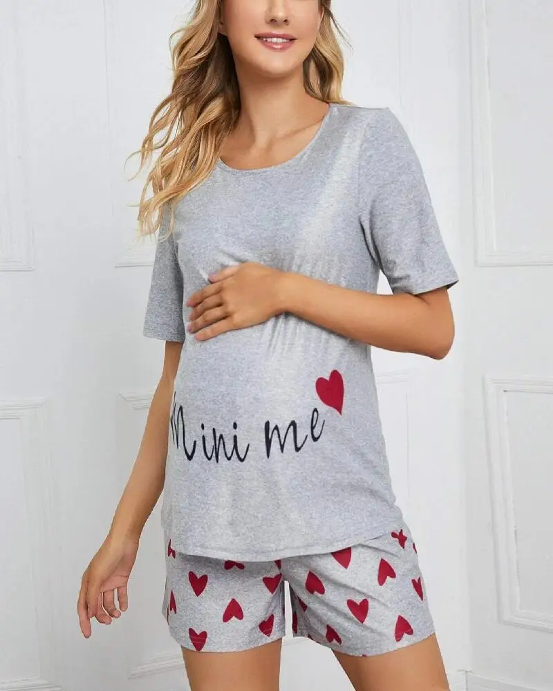 
M039 Heart and Letter Graphic Maternity Loungewear Pj Short Set for Pregnant Women 
