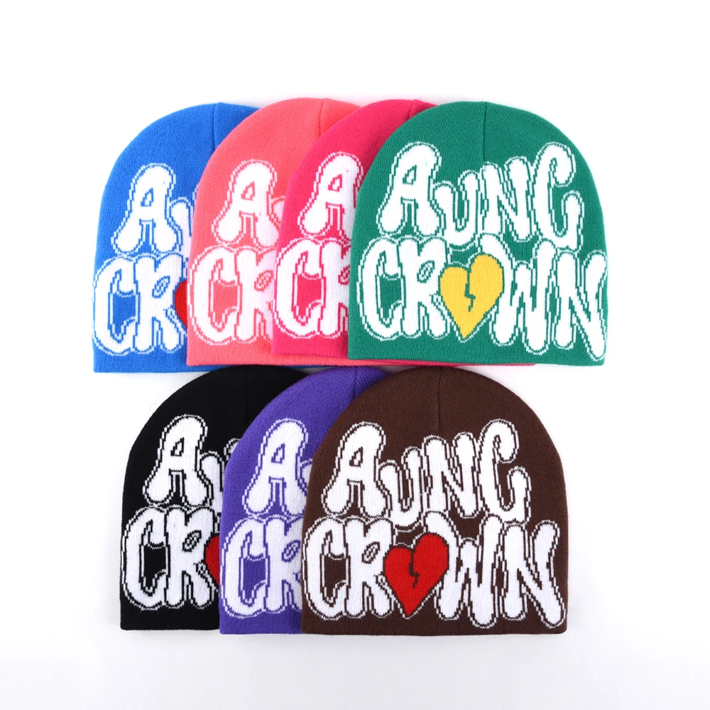 Low MOQ Custom Beanie Manufacturers All Over Print Jacquard Y2K Gothic No Cuff Fold Cuffless Winter Skull Cap Knit Hat with Logo