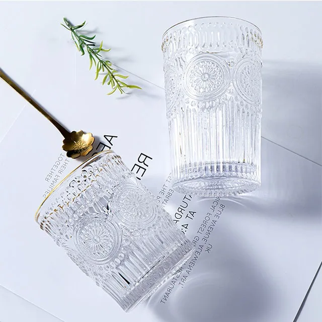 Hot Selling Embossed Sunflower Glass Milk Cup Phnom Penh Hot Cold Drink Colored Glass Simple Retro Drink Cup