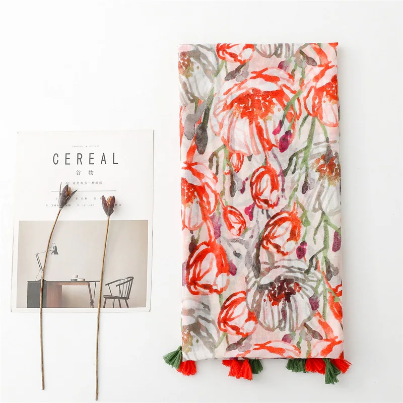 Wholesale High Quality Spring and Summer Cotton and Linen Hand Scarf Tulip Flower Lady Simple Style Ruffled Silk Scarf Shawl