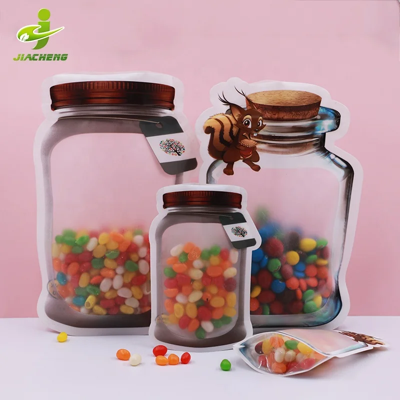 Custom printed nut bean spice food airtight irregular mason jar bottle shaped zipper storage mylar bags zip lock stand up pouch