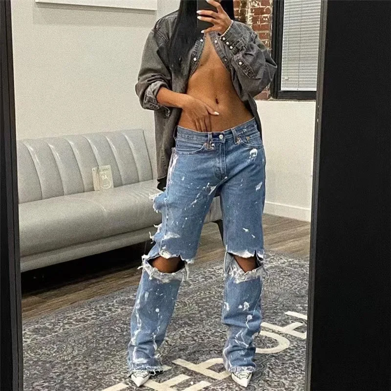 W women ripped denim pants 2022 Summer fashion hollow-out painted high-waisted straight-tube skinny Street Girl jeans