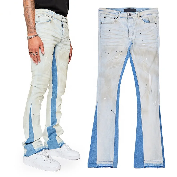 Hot Selling vintage Distress Hole Flare jeans Fit White Blue Denim Pants Custom stacked jeans  for men