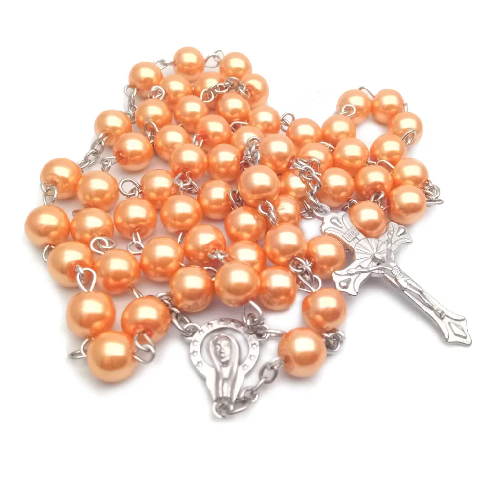 Wholesale Factory Direct 8mm Rosary Pearl Beads Cross Religious Jesus Necklace