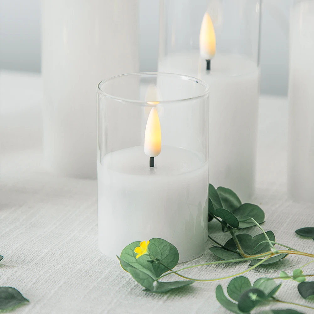 Set of 5 home decoration pillar white glass warm light remote flickering led candle
