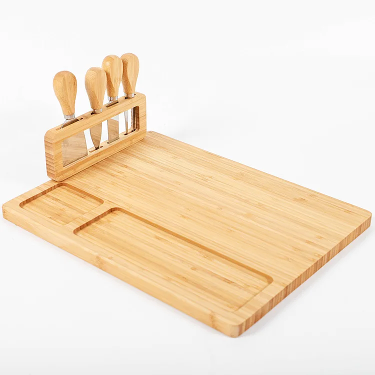Kitchen Bamboo Cheese Board with Drawer Cheese Slate 4 Stainless Steel Knives Cracker Platter Cheese Cutting Board Sets