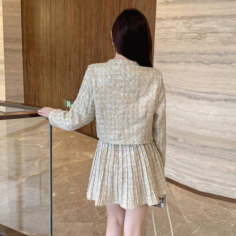 Celebrity Temperament Small Fragrance Short Coat Set Autumn New Pleated Skirt Heavy Work Two Piece Set SR70110139