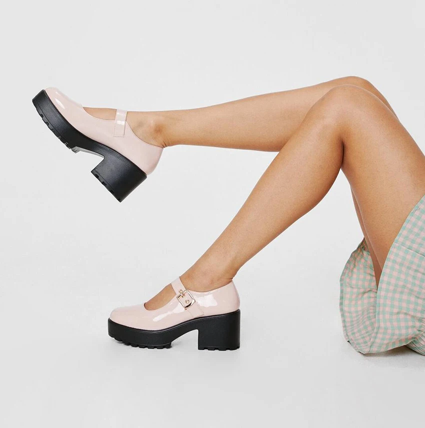Chunky blocked heels pumps round toe Faux Leather T Strap Pink Mary Jane Shoes