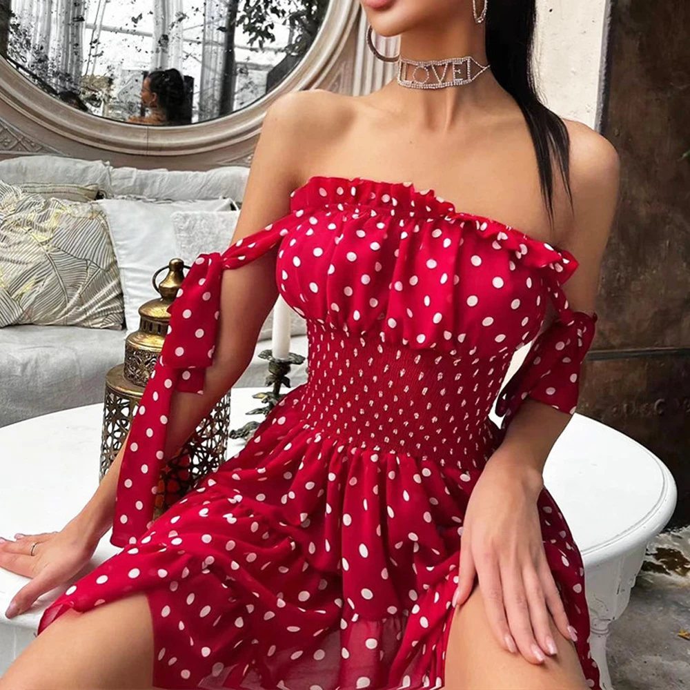 Customized summer polka dot printed chiffon dress Sexy Wrapped Chest Swing Dresses