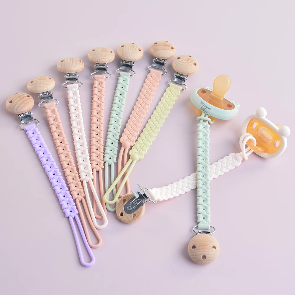 New Design Wholesale BPA Free Pacifier Metal Clip Soother Chain Silicone Teething Baby Pacifier Wooden Clips for Kids