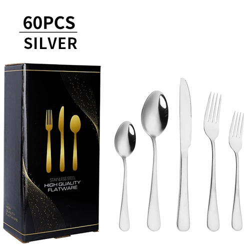 Amazon Top Seller Stainless Steel Silverware Case Set Flatware 60Pcs silver spoon and fork set stainless