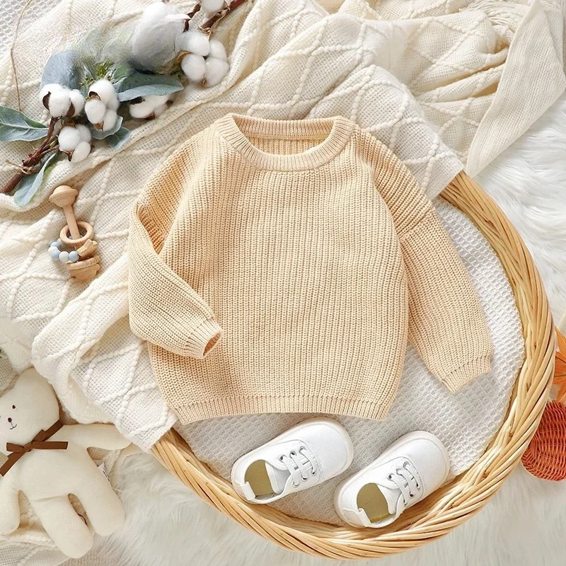 Hot sale  Angel Uniwin Embroider Solid Baby Sweater Knitted Long Sleeve Soft Pullover Cotton Crew Neck Baby Clothes