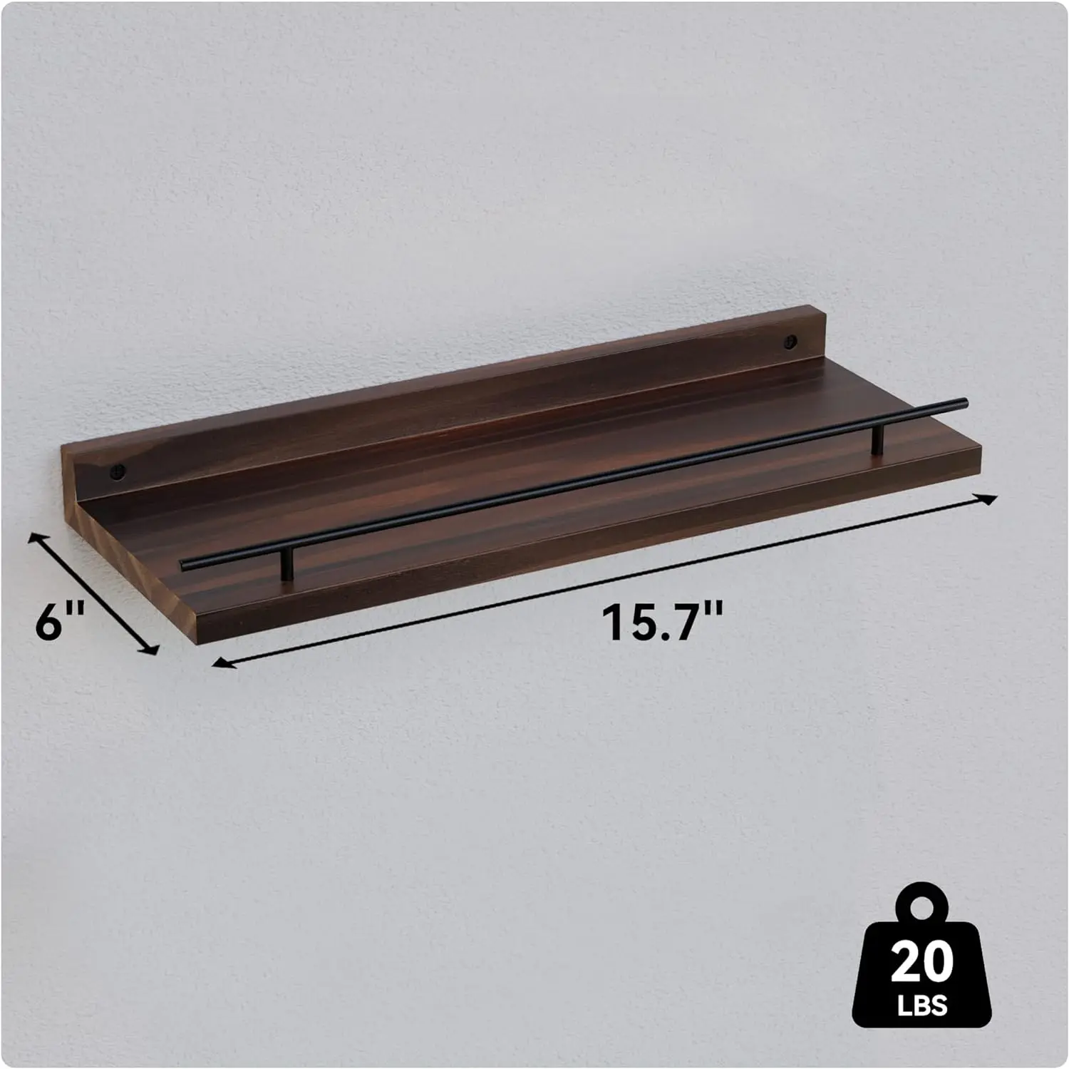 Bedroom Bathroom Kitchen 3 Pack Art- Dark Brown Wood Wall Decor Floating Shelves with Black Metal Guardrail