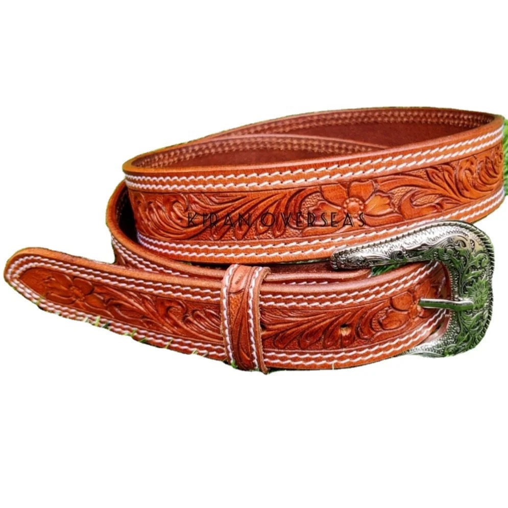 Cow Hide western leather belt  tooling & carving interchangeable leather belt strap for cowboy wear