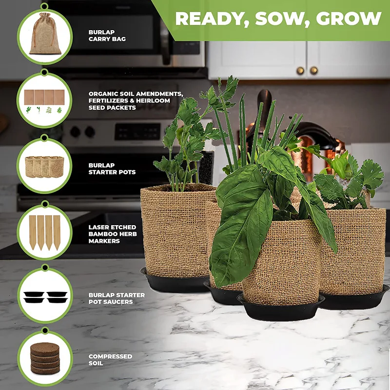 Herb Grow Kit Indoor Garden Products For Plant Flower Vegetable Bonasi Starter Kit Kid Diy Jute Bag Small Plant