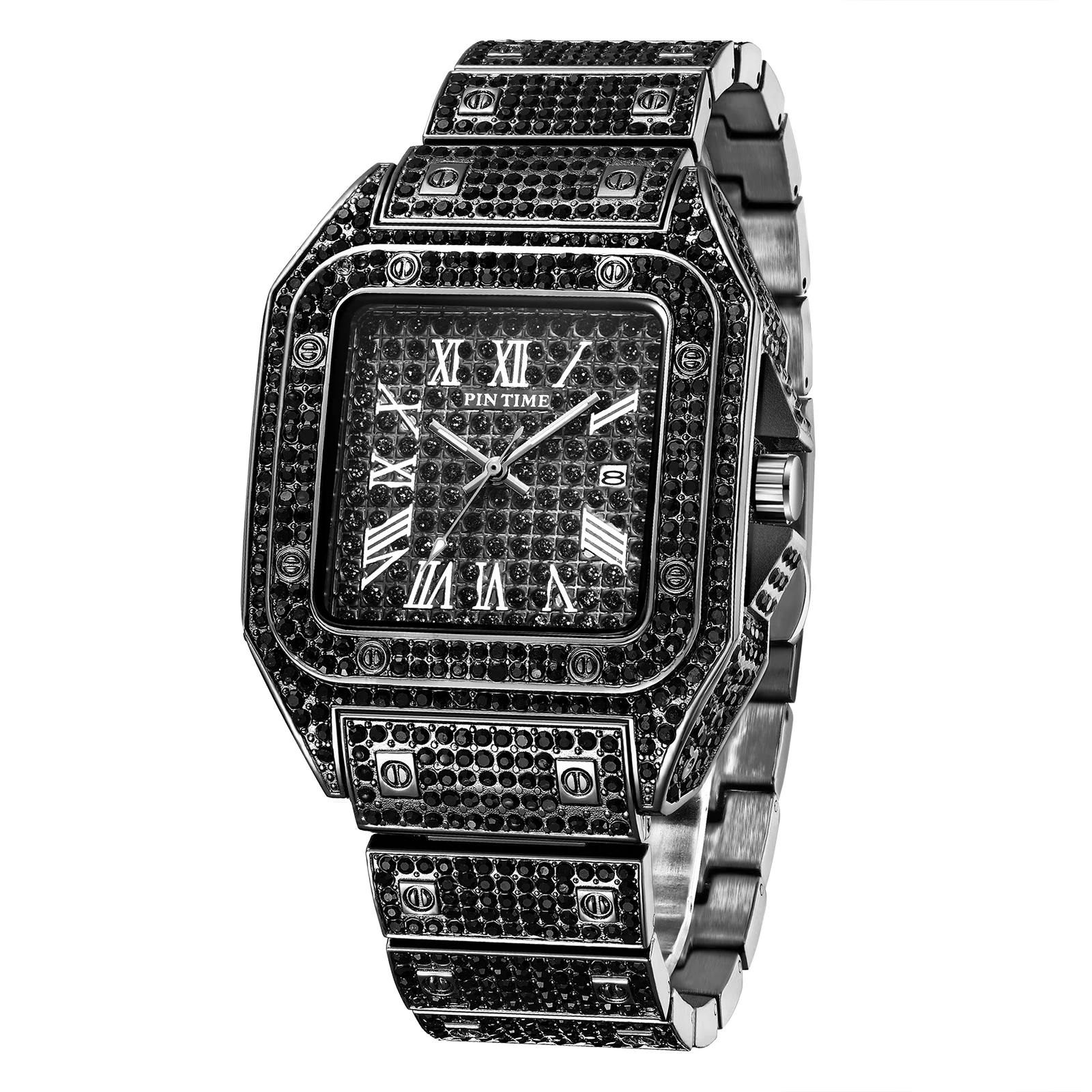 PINTIME Gold Square Men Watch Hip Hop Diamond Iced Out Watch Men Calendar Business Quartz Wristwatch Relojes
